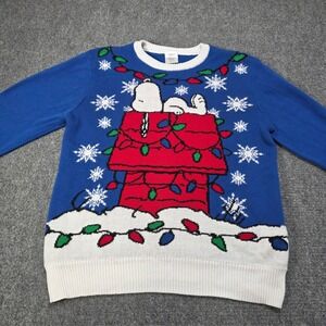 Peanuts Snoopy Christmas Sweater Men's Size Large Blue Holiday Ugly Sweater Dog